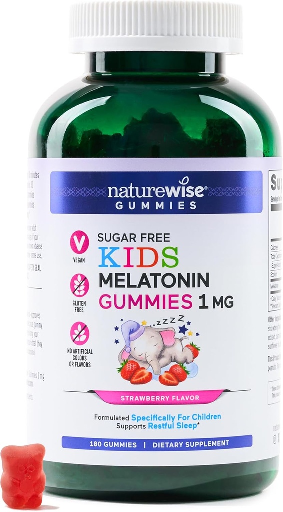 NatureWise Kids Melatonine 1 mg Gommies sans sucre pour les enfants de 4 ans et plus - Aide au sommeil sans habit - Aromatisé aux fraises - Vegan, Pas de gluten, Non-OGM - 180 Compte[6-Mois]