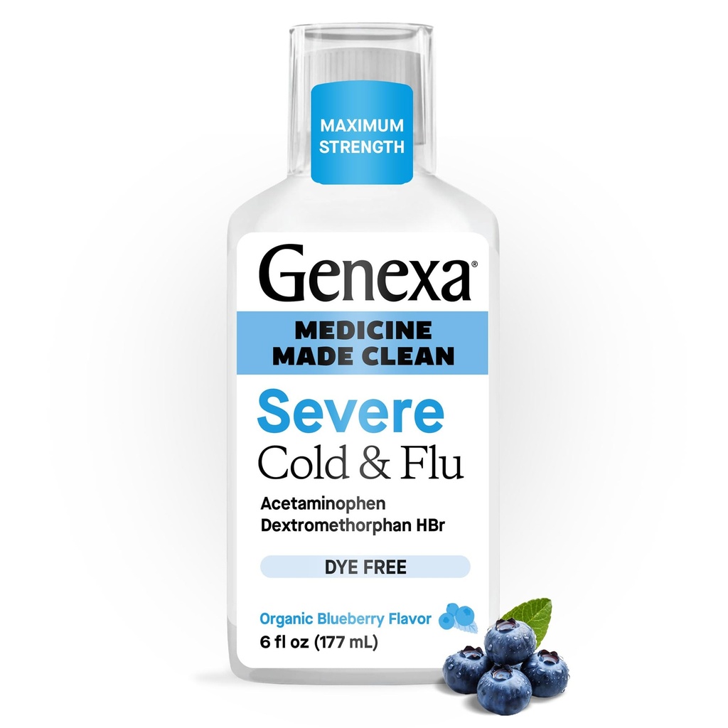 Genexa Clean Cold & Flu Relief, Dye Free, 0% Artificial Additives, Severe Daytime Medicine for Body Pain, Cough, Cold and Flu, Headache, Fever, Chest Congestion, Organic Blueberry Flavor, 6 fl oz