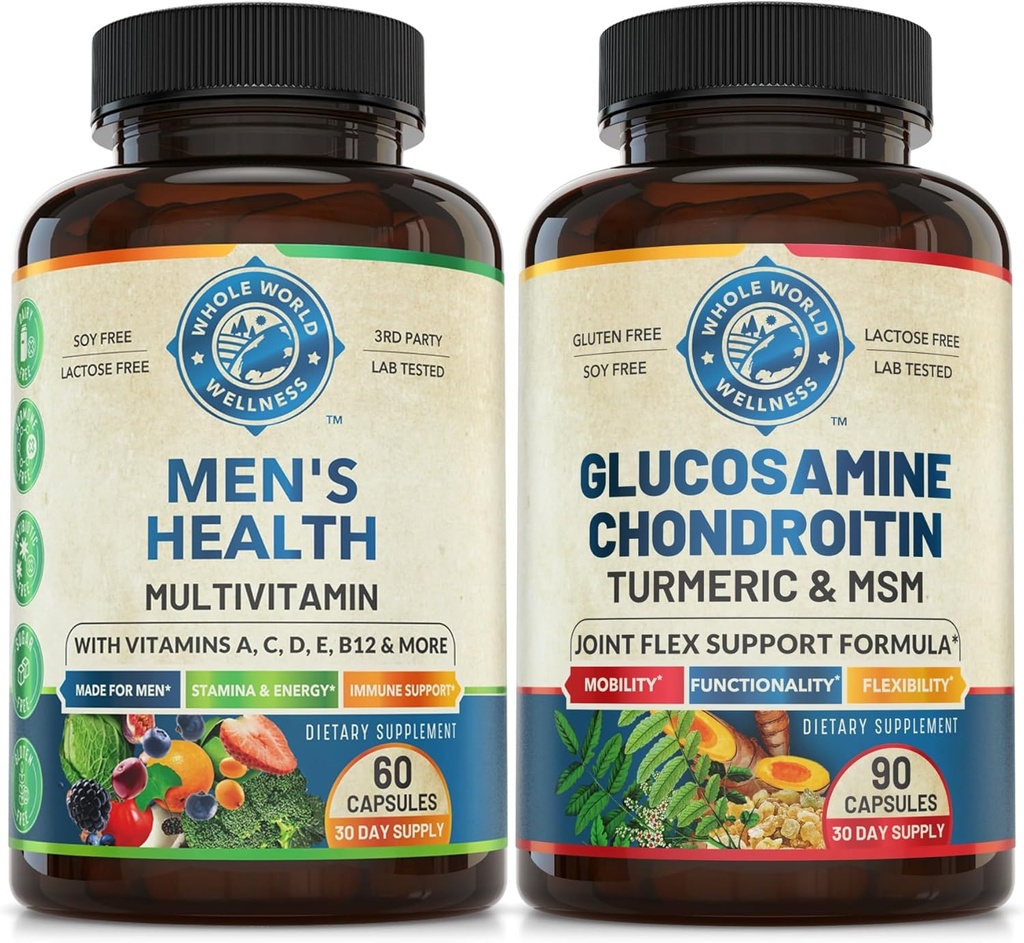 Multivitamines quotidiennes masculines et bloc de soutien interarmées avancé (une bouteille chacun). Soutient collectivement le bien-être holistique, l'énergie accrue et la santé conjointe. États-Unis Fait.