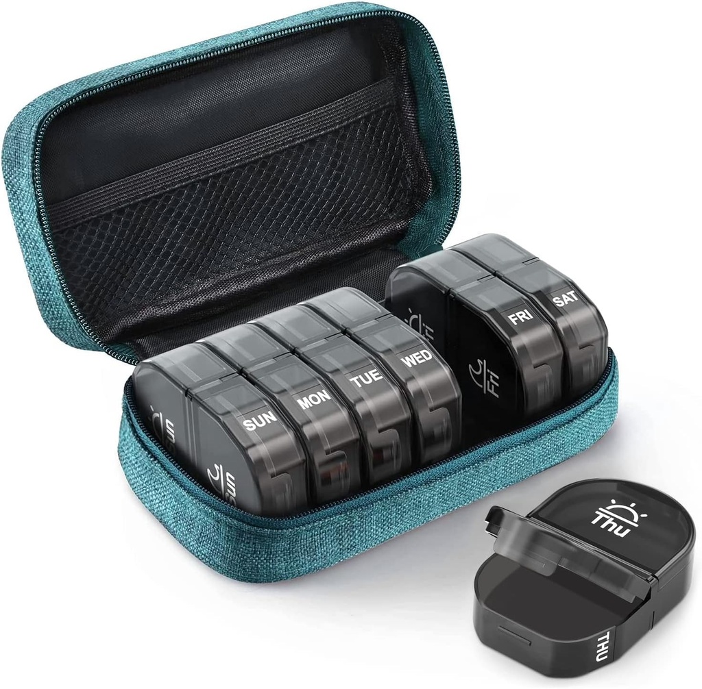 AUVON Toile sac de voyage Pill Organisateur 2 fois par jour, grand AM/PM hebdomadaire Pill Box 7 Day Pill Case avec portable Cyan Zipper sac de vêtements pour la détention des suppléments, vitamines et huiles de poisson