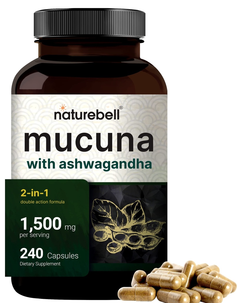 Mucuna Pruriens Capsules, Triple Strength 1500mg Par Servant, 2 en 1 Formule, Fabriqué avec Mucuna et Ashwagandha, 240 Capsules, Extrait de Semence Potente, Mood Positif, Relaxation & Restauration Support