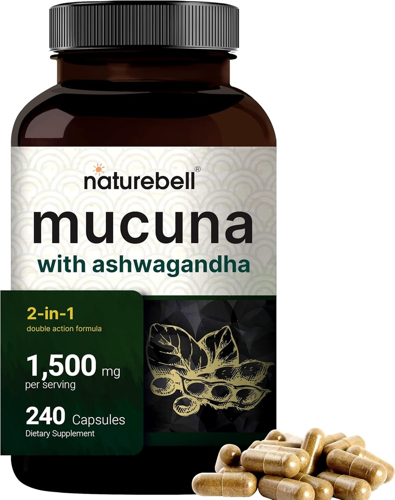 Mucuna Pruriens Capsules, Triple Strength 1500mg Par Servant, 2 en 1 Formule, Fabriqué avec Mucuna et Ashwagandha, 240 Capsules, Extrait de Semence Potente, Mood Positif, Relaxation & Restauration Support