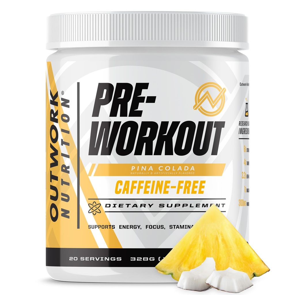 Outwork Nutrition Poudre de pré-entraînement non-stim - Citrulline Malate, Beta-Alanine, Extrait de Rhodiola pour la performance, Focus & Energy Boost - Pré-entraînement pour les hommes, les femmes (sans caféine, Piña Colada)