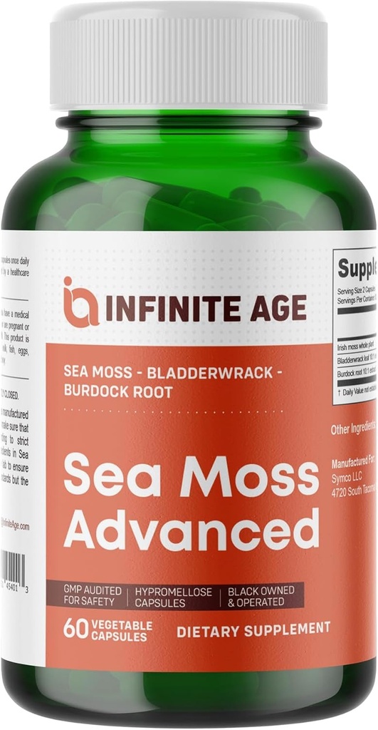 INFINITE AGE 1250mg Sea Moss Advanced Superfood Capsules, 60 Count - High-Potency, Vegan, Made in The USA - Irish Seamoss, Bladderwrack, Burdock Root - Overall Health, Immunity Support