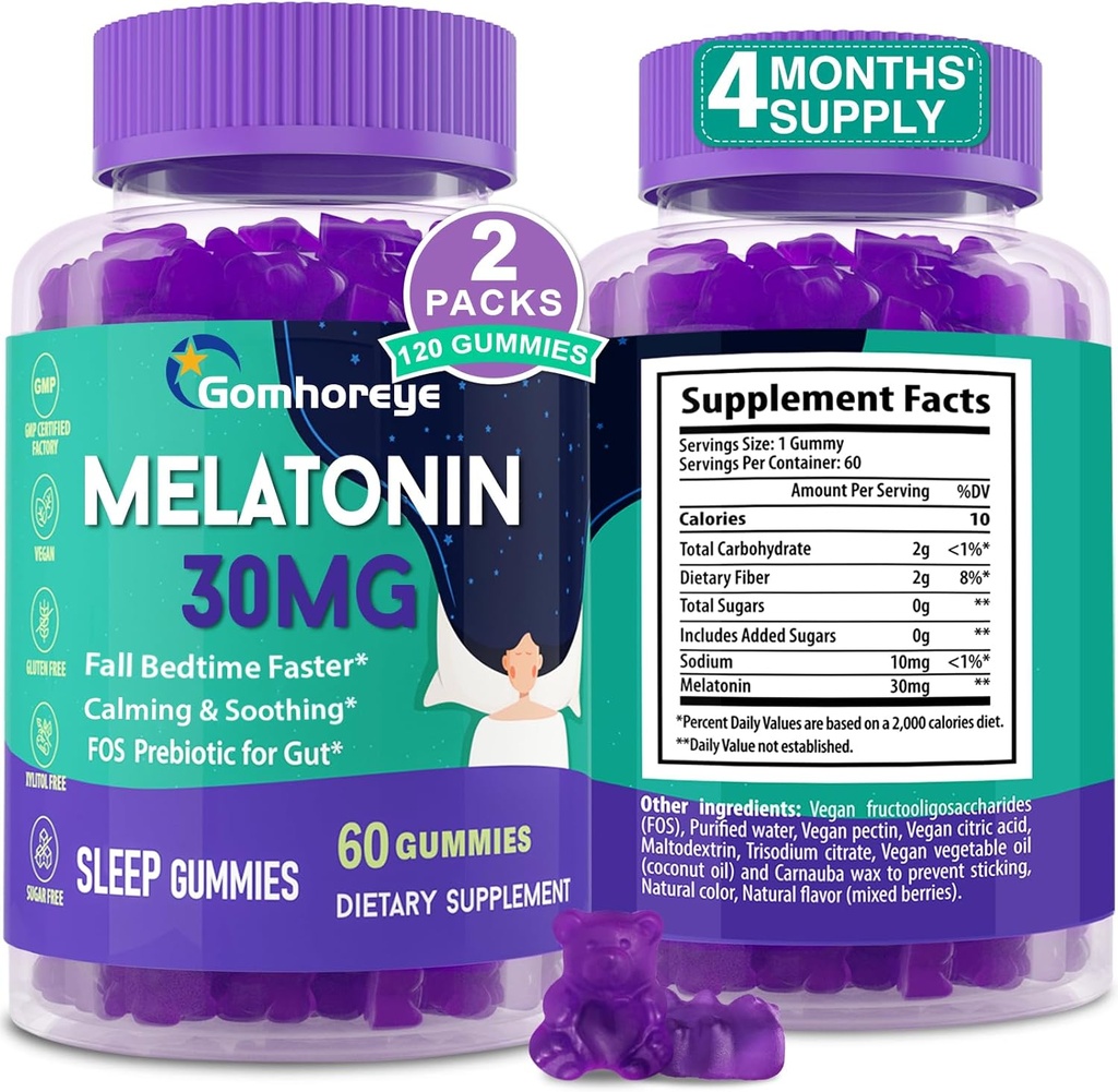 Mélatonine Gummies 30mg pour les adultes - Fort maximum Mélatonine Gummies pour la relaxation et apaisante, supplément de mélatonine exogène avec FOS pour immunitaire, santé des Gut et pH équilibre, sans sucre -120 comtes