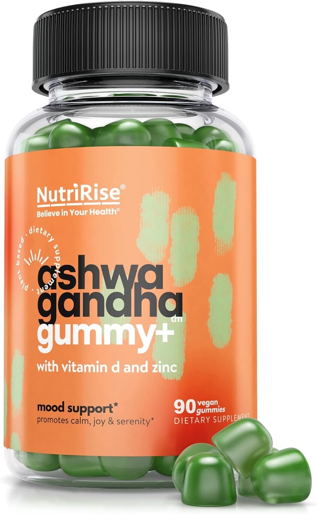 Nutririse haute puissance Ashwagandha Gummies avec vitamine D, zinc, soutient la relaxation naturelle, le sommeil et l'immunité, poudre d'épinards Superfood, 30:1 extrait de racine concentré équivalent à 2250 mg, 90 Compte