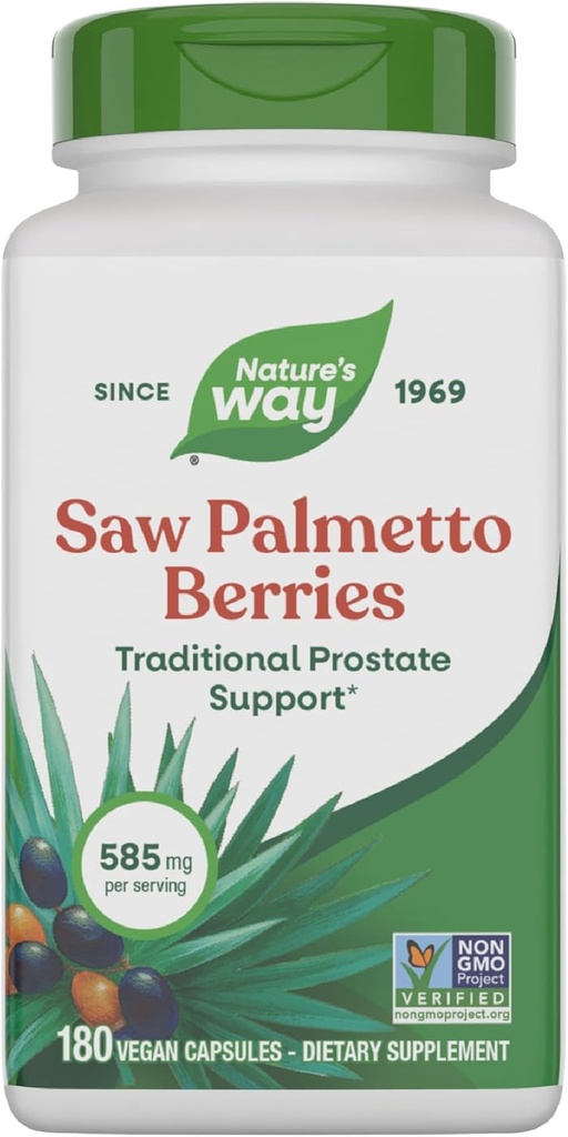 Nature's Way Saw Palmetto Berries, soutien prostate traditionnel*, 585 mg par portion, Projet non OGM vérifié, végétalien, 180 capsules