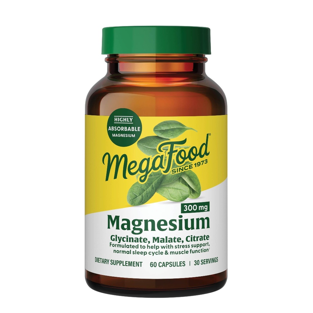 Supplément Magnésium Glycinate MegaFood, Citrate, Malate 300mg - Mélange hautement absorbant pour soutenir le coeur, la santé et la relaxation nerveuse, supplément complexe triple magnésium, 60 capsules (30 portions)