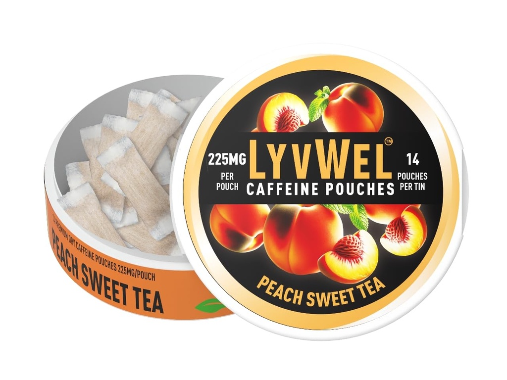 Pochette LyvWel Ultra Caféine – Peach Sweet Tea – 225mg Caféine naturelle avec Guarana – Énergie propre pour le focus et l'humeur – 1-paquet (15 poches)
