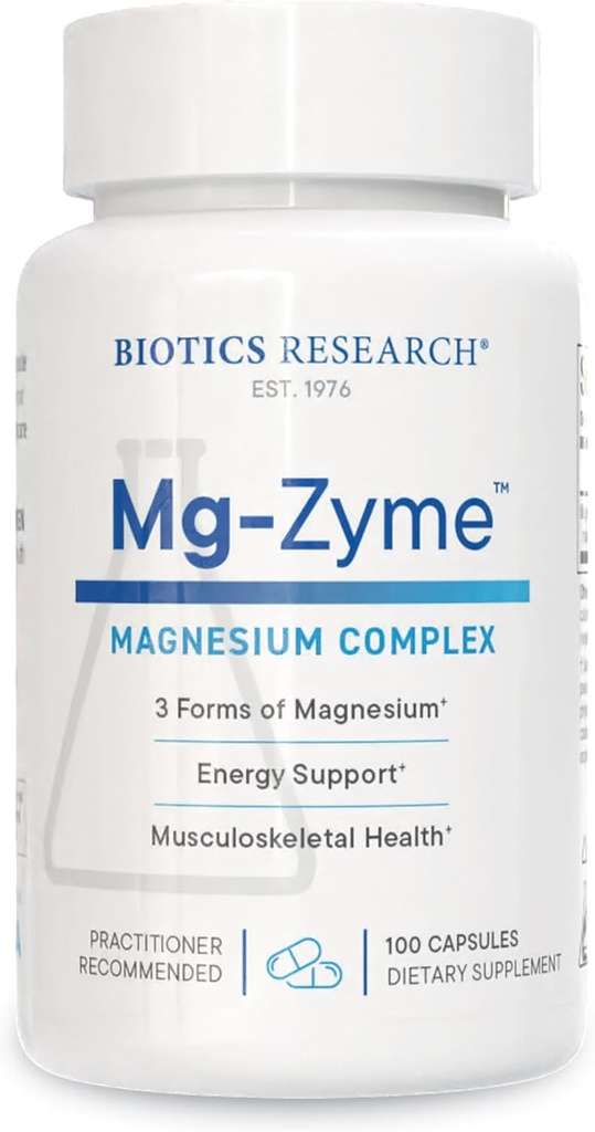 Recherche en biotique Complexe triple magnésium Mg-ZymeTM 100 mg- Glycinate de magnésium, gluconate, supplément chélaté aspartate, absorption élevée, soutien du sommeil, énergie, santé cardiovasculaire–100 capsules