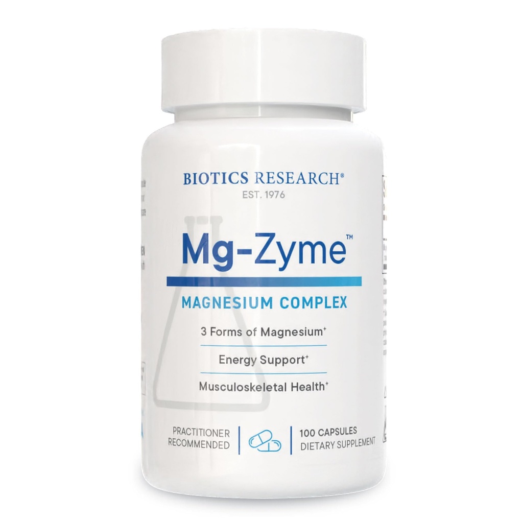 Recherche en biotique Complexe triple magnésium Mg-ZymeTM 100 mg- Glycinate de magnésium, gluconate, supplément chélaté aspartate, absorption élevée, soutien du sommeil, énergie, santé cardiovasculaire–100 capsules