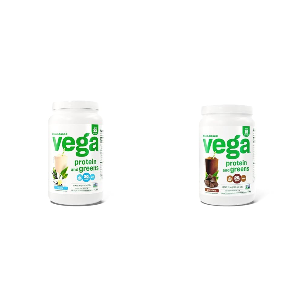 Vega Protéines et Verts Poudre de protéines, Vanille - 20g Protéines végétales plus légumes, Vegan & Protéines et Verts Protéines en poudre Chocolat (19 portions) - 20g Protéines végétales plus