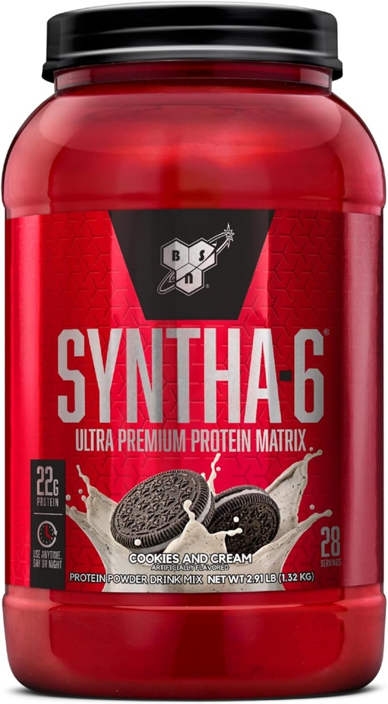 BSN SYNTHA-6 Poudre de protéines de lactosérum, caséine micellaire, poudre isolate de protéines de lait, biscuits et crème, 28 portions (paquet mai Vary)