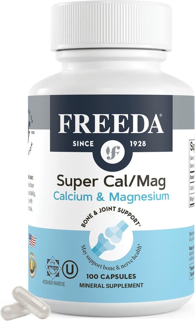 Freeda Super Cal/Mag – Supplément santé osseux végane kasher – Soutient la force osseuse, la fonction nerveuse et la relaxation musculaire – Capsules de magnésium du calcium végétarien – Test de tiers – (100 Capsules)