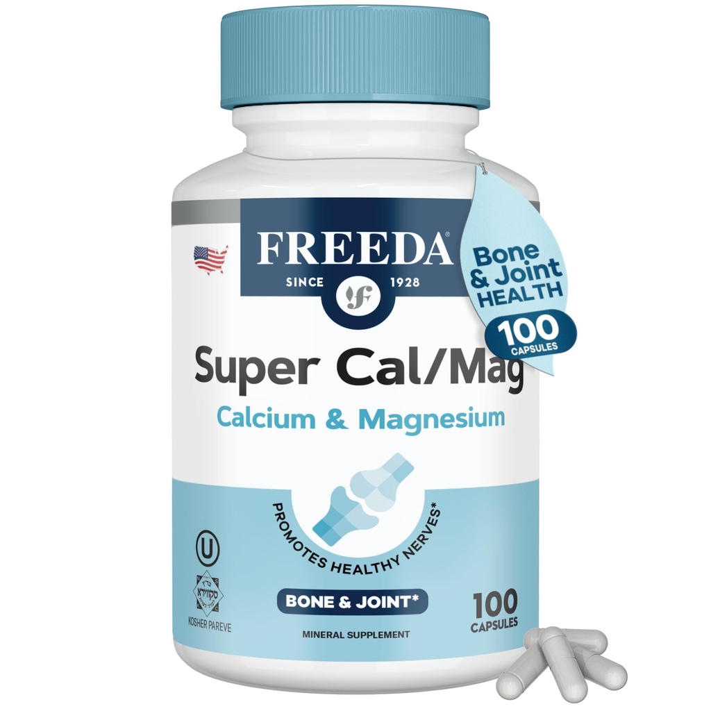 Freeda Super Cal/Mag – Supplément santé osseux végane kasher – Soutient la force osseuse, la fonction nerveuse et la relaxation musculaire – Capsules de magnésium du calcium végétarien – Test de tiers – (100 Capsules)