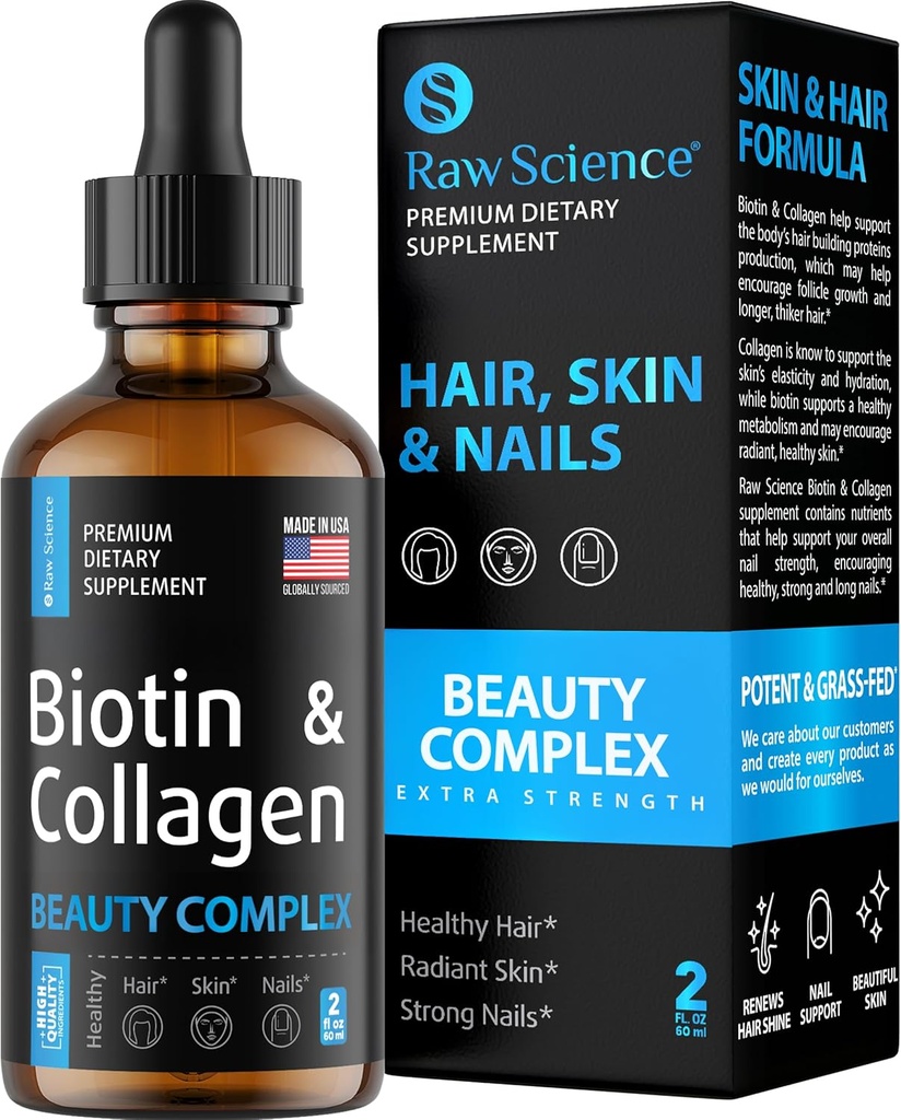 Collagène liquide et suppléments de biotine pour la croissance des cheveux - Biotin 10000mcg Collagène Peptides 20000mcg gouttes - Vitamines capillaires pour la perte des cheveux pour les femmes et les hommes, la peau et le renforcement des ongles - Fabriqué aux États-Unis, 2 floz