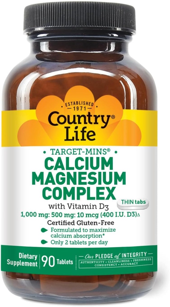 Pays Vie Cible-Mins Calcium Magnésium avec vitamine D-Complex, 1000mg/500mg/10mcg, 90 comprimés, certifié sans gluten, certifié végétarien