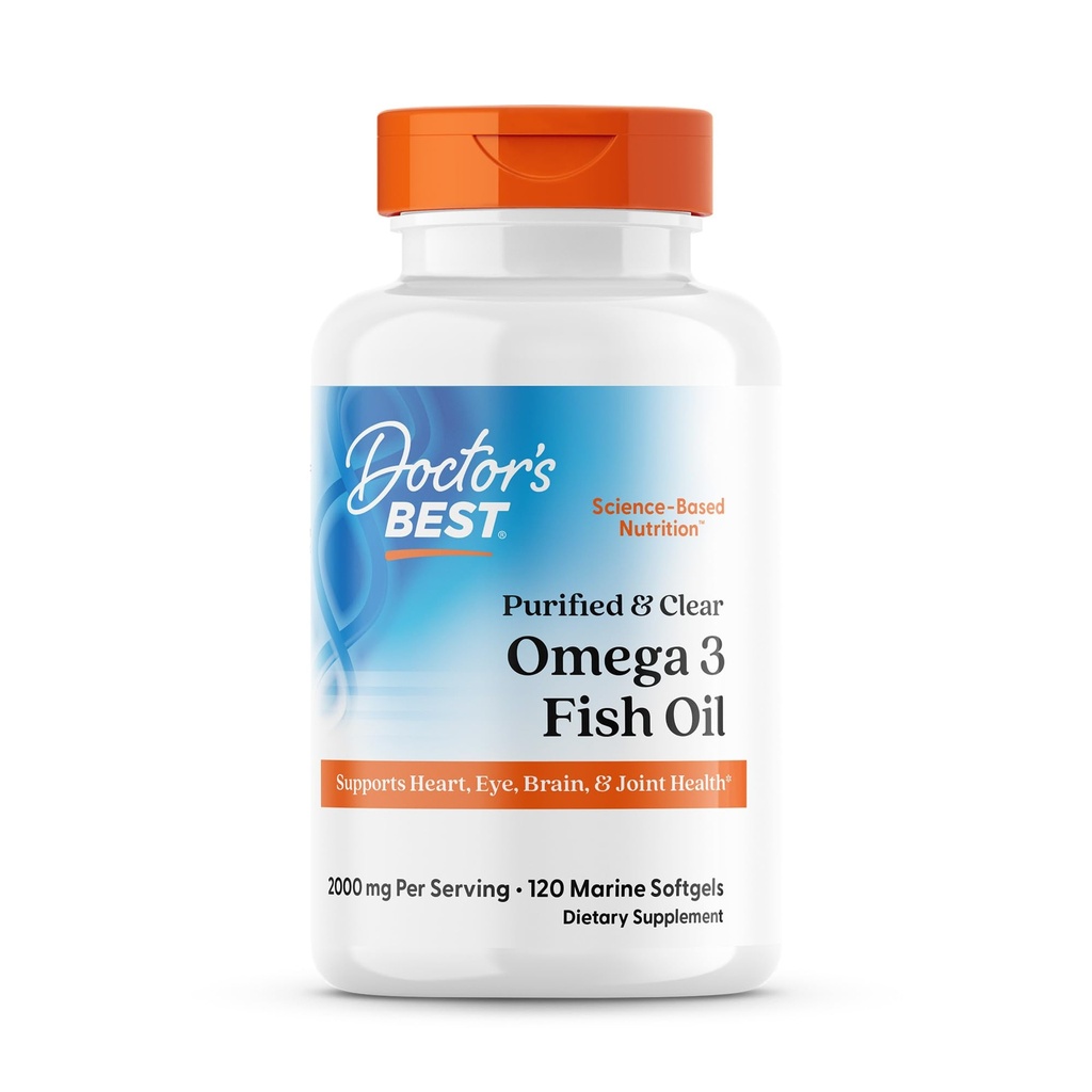 Meilleure huile de poisson Oméga 3 purifiée et claire avec Goldenomega, soutient le coeur, l'œil, le cerveau et la santé articulaire, non-OGM, sans gluten 120 softgels marins