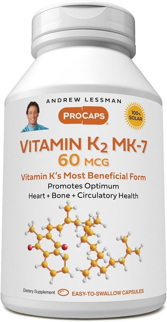 ANDREW MOINSMAN Vitamine K2 MK7 60 mcg 60 Softgels - Essential for Healthy Calcium Utilization, Promote Optimum Skeletal, Heart and Arterial Health. Pas d'additifs. Petits softgels faciles à avaler