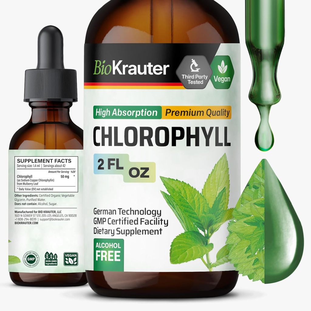 BIO KRAUTER gouttes de chlorophylle liquide - Nettoyage et soutien immunitaire - Déodorant interne - Supplément extrait de chlorophylline de cuivre de sodium - 2 fl oz