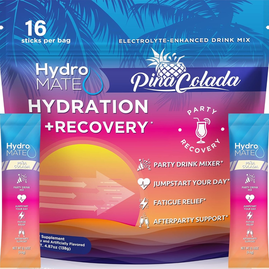 HydroMATE Electrolytes Powder Packets Pineapple Hydration Accelerator Low Sugar Party Favors for Recovery Tropical Piña Colada 16 Sticks