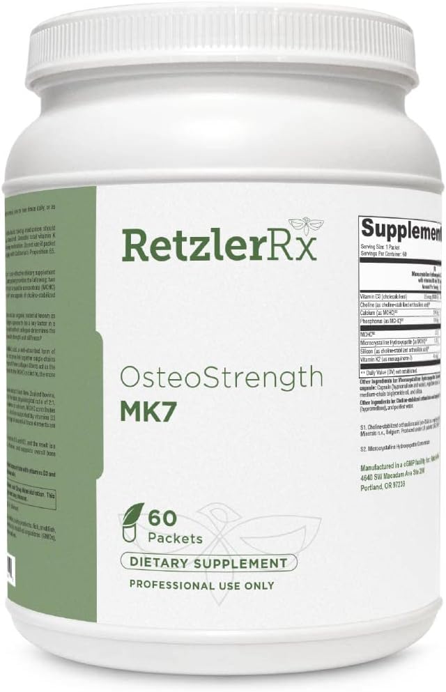 RetzlerRx® OsteoStrength MK-7 - Supplément de santé aux os avancé - 60 paquets - MCHC (Ossopan 1100TM), vitamine D3, vitamine K2, ch-OSA® - soutient la densité et la force des os
