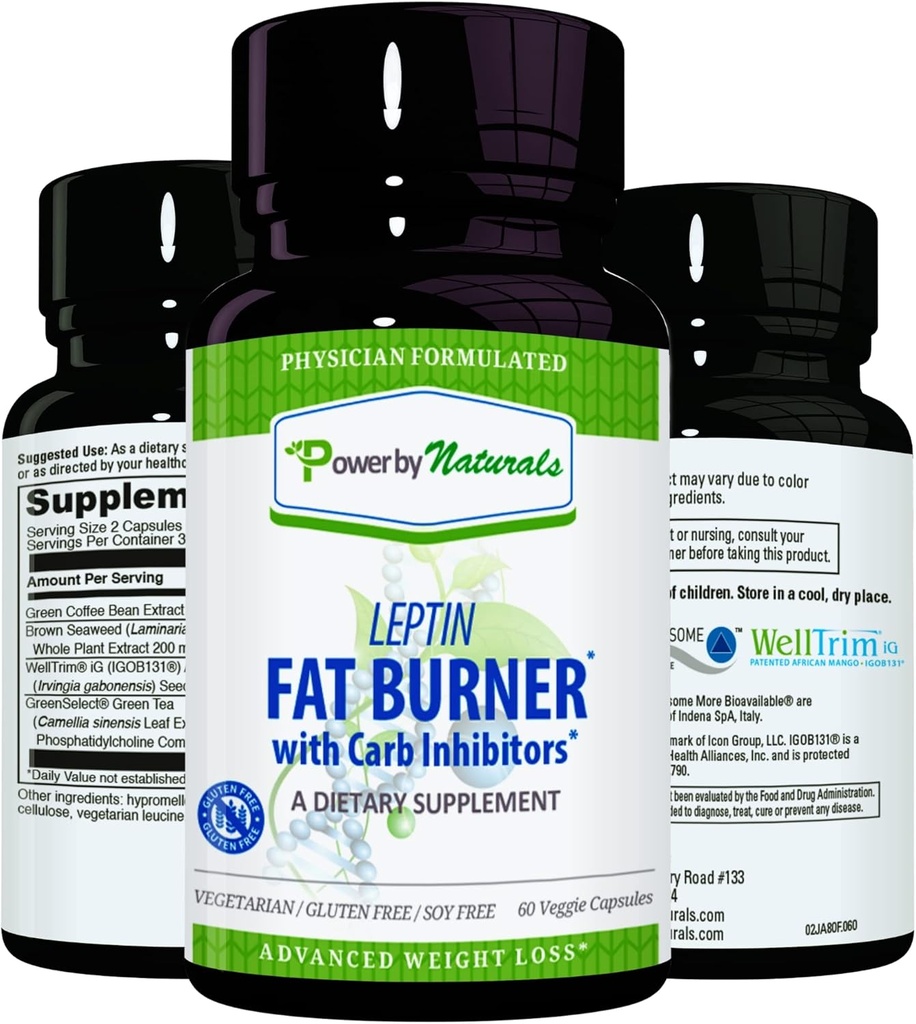Power By Naturals: Leptin Fat Burner avec carbure bloqueur - 60 capsules sans gluten, Leptin Weight Loss Diet Pills, Fat Burner efficace, Suppresseur de l'appétit