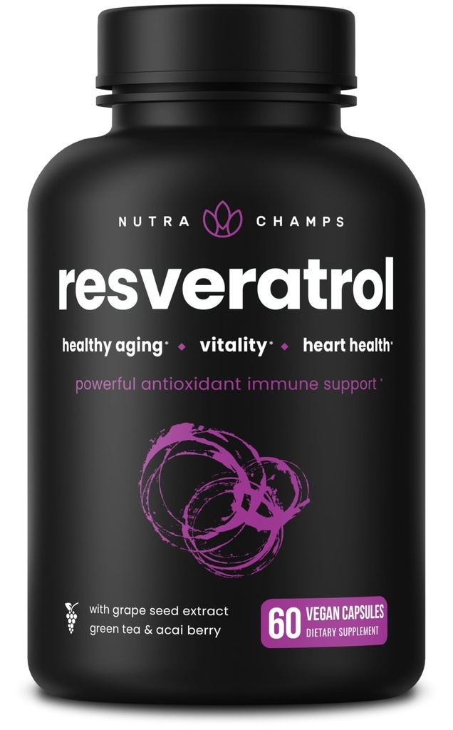 Supplément de resvératrol NutraChamps, formule extra-forte pour le vieillissement en santé, soutien immunitaire, 60 capsules végétaliennes avec trans-resvératrol, feuille de thé vert, extrait de graines d'açai et de raisin