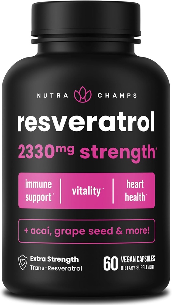 Supplément de resvératrol NutraChamps, formule extra-forte pour le vieillissement en santé, soutien immunitaire, 60 capsules végétaliennes avec trans-resvératrol, feuille de thé vert, extrait de graines d'açai et de raisin