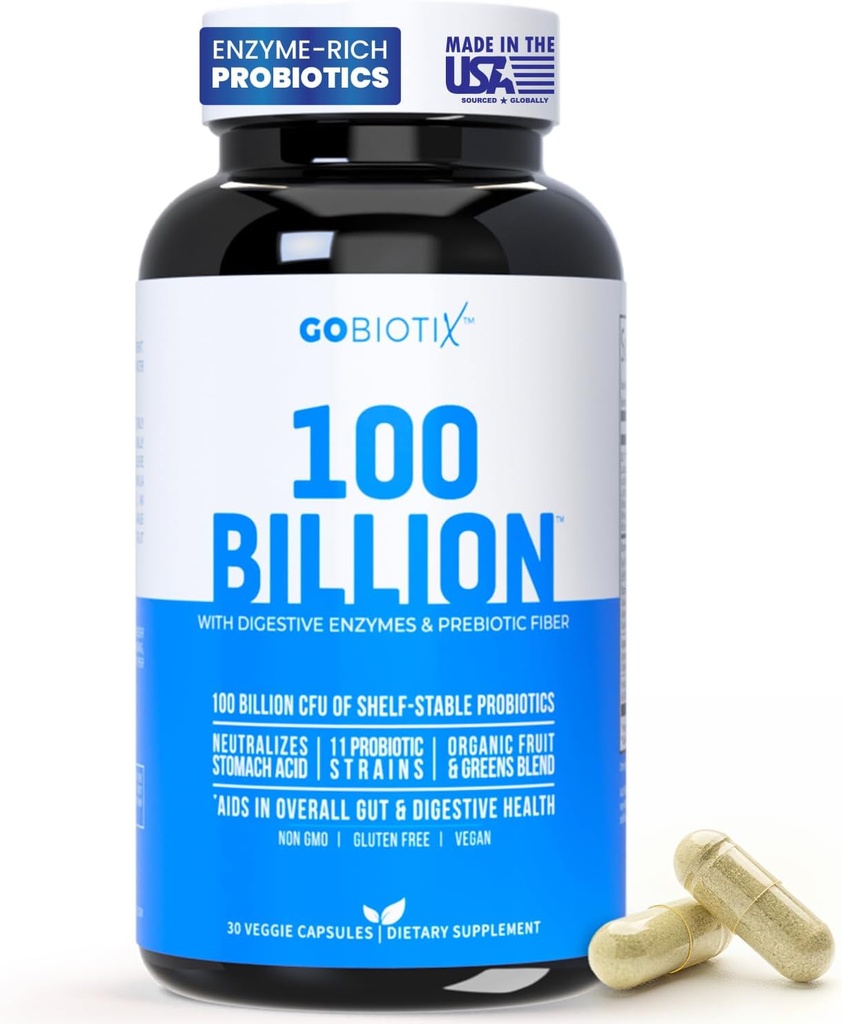 GOBIOTIX 100 milliards - Supplément aux enzymes digestives - Probiotiques Multivitamine - Mélange de fibre prébiotique - 100 milliards CFU - Mélange de fruits et de verts biologiques - Vegan, non OGM - 30 capsules