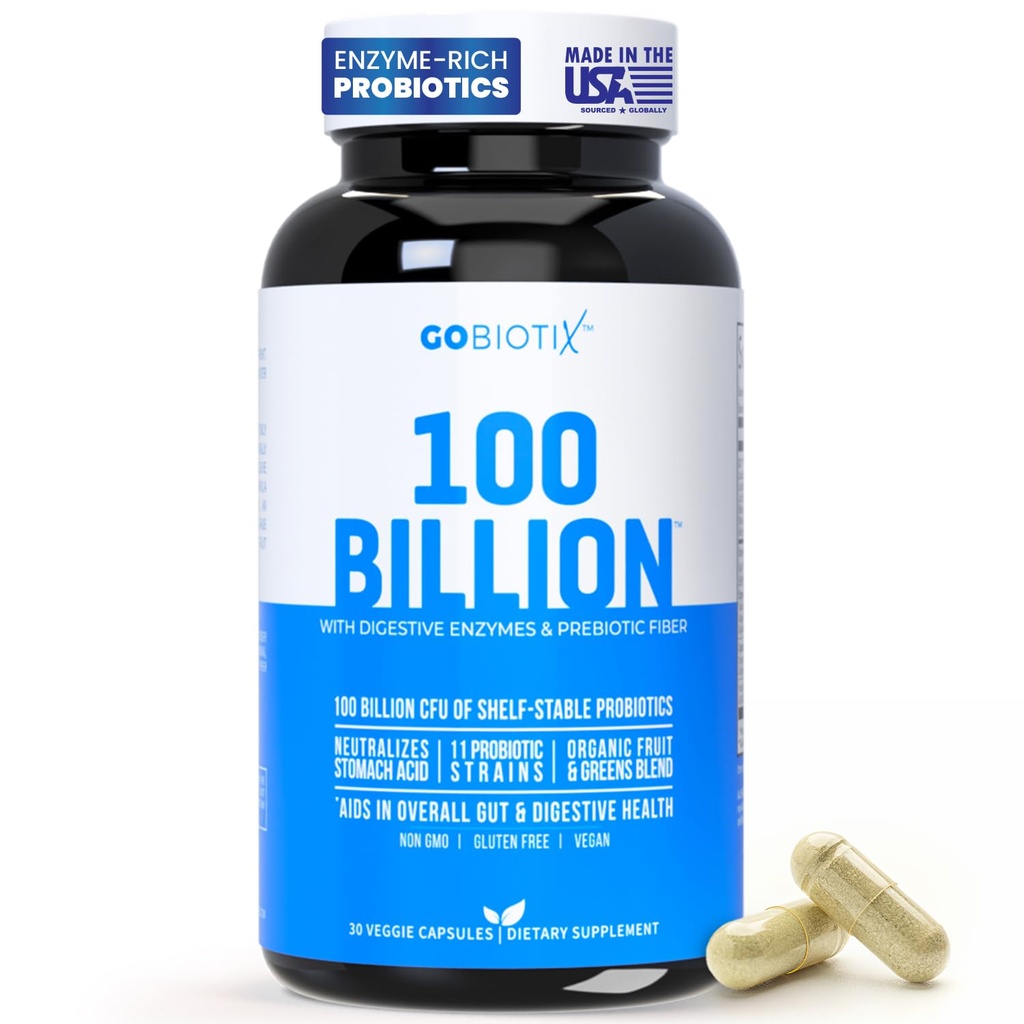 GOBIOTIX 100 milliards - Supplément aux enzymes digestives - Probiotiques Multivitamine - Mélange de fibre prébiotique - 100 milliards CFU - Mélange de fruits et de verts biologiques - Vegan, non OGM - 30 capsules