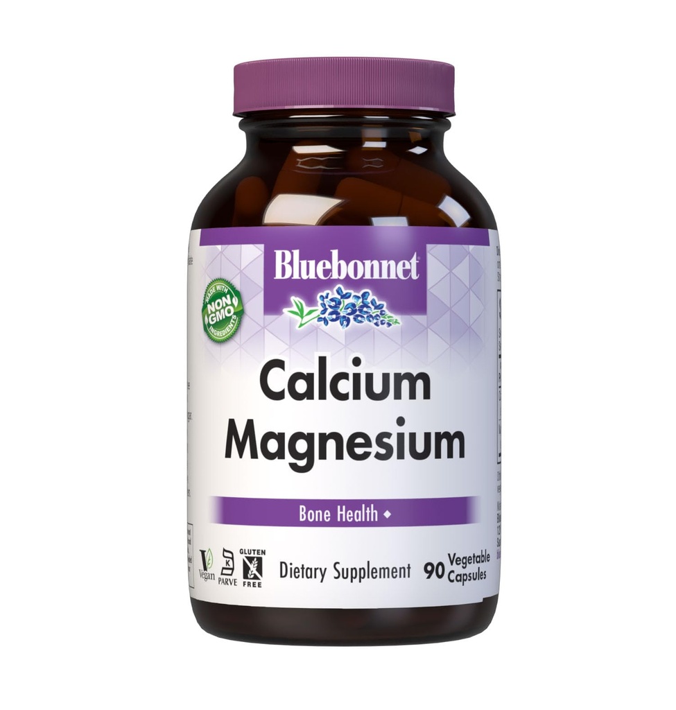 Bluebonnet Nutrition Calcium & Magnésium, Bone Health*, Non-OGM, Vegan, Certifié Casher, Sans gluten, Sans soja, 90 capsules végétales, 30 portions