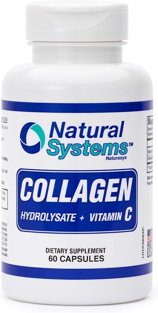 Collagène Plus Vitamine C par les systèmes naturels 60 Capsules - Collagène Hydrolysate et Vitamine C pour les cheveux et la peau vitaux - Collagène Suppléments Femmes et hommes - Piments en poudre de collagène hydrolysés