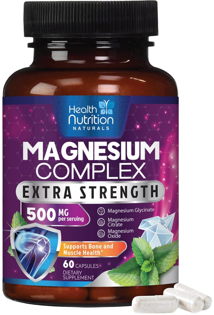 Capsules complexes de magnésium 500 mg avec oxyde, glycinate, malate, citrate - Suppléments minéraux de magnésium chélatés complexes d'absorption élevée - pour le soutien de la santé musculaire, osseuse et cardiaque - 60 capsules