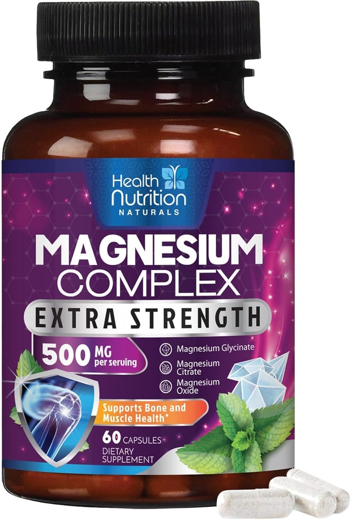 Capsules complexes de magnésium 500 mg avec oxyde, glycinate, malate, citrate - Suppléments minéraux de magnésium chélatés complexes d'absorption élevée - pour le soutien de la santé musculaire, osseuse et cardiaque - 60 capsules