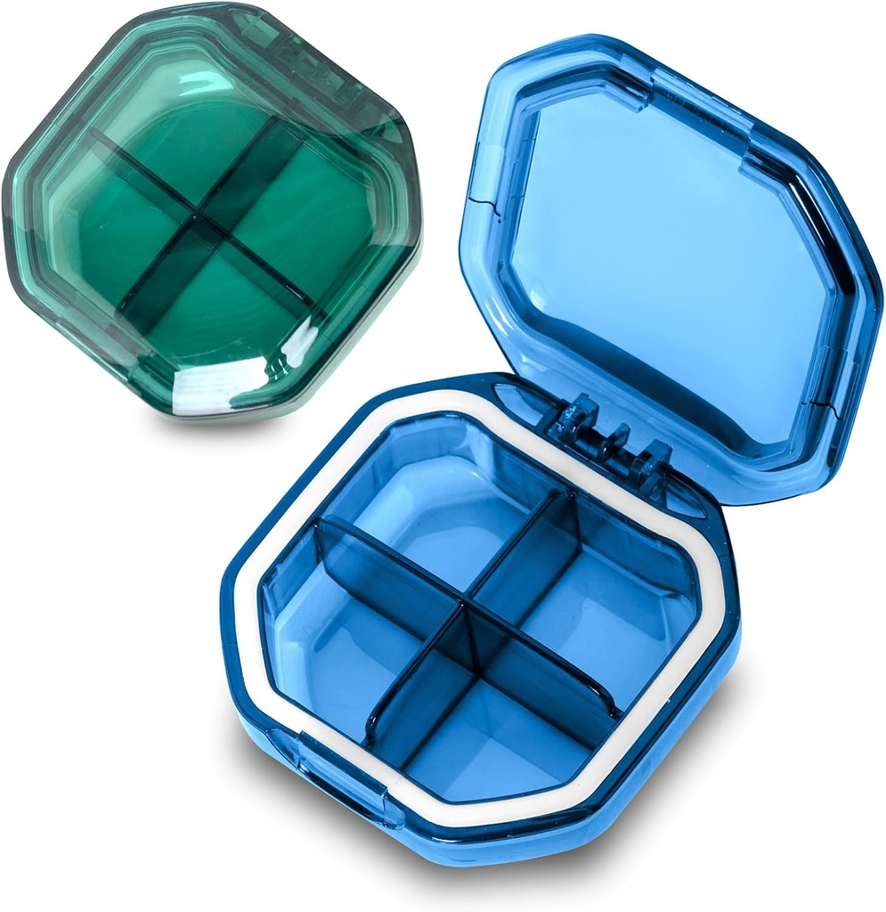Daily Pill Organizer, 2 Pack 4 Compartiments Petite Pill Box Portable Pill Case, Travel Pill Organizer for Purse Pocket to Hold Vitamines, Cod Foie Oil, Suppléments et Médicaments (Blue+Green)