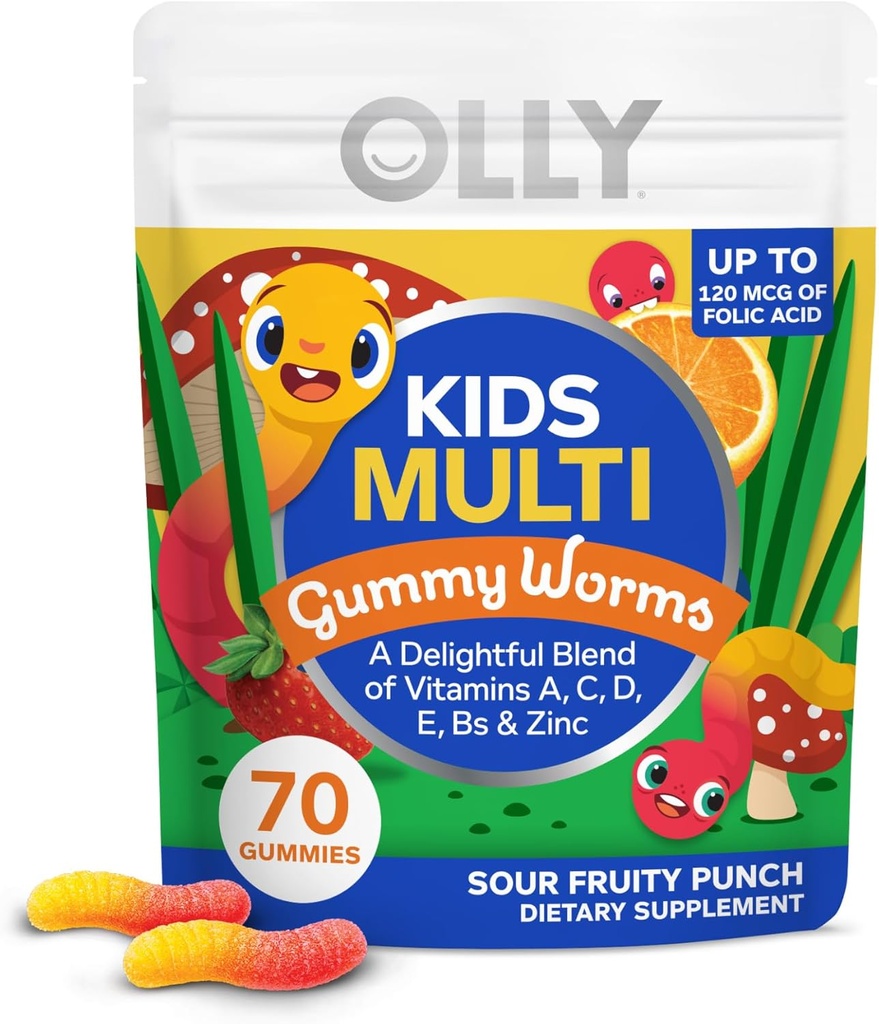 L'OLLY Enfants Multivitamine Gummy Worms, Santé globale et soutien immunitaire, Vitamines et Minéraux A, C, D, E, B et zinc, Supplément à croquer, Punch aux fruits acides, 45 jours d'approvisionnement - 70 Comte