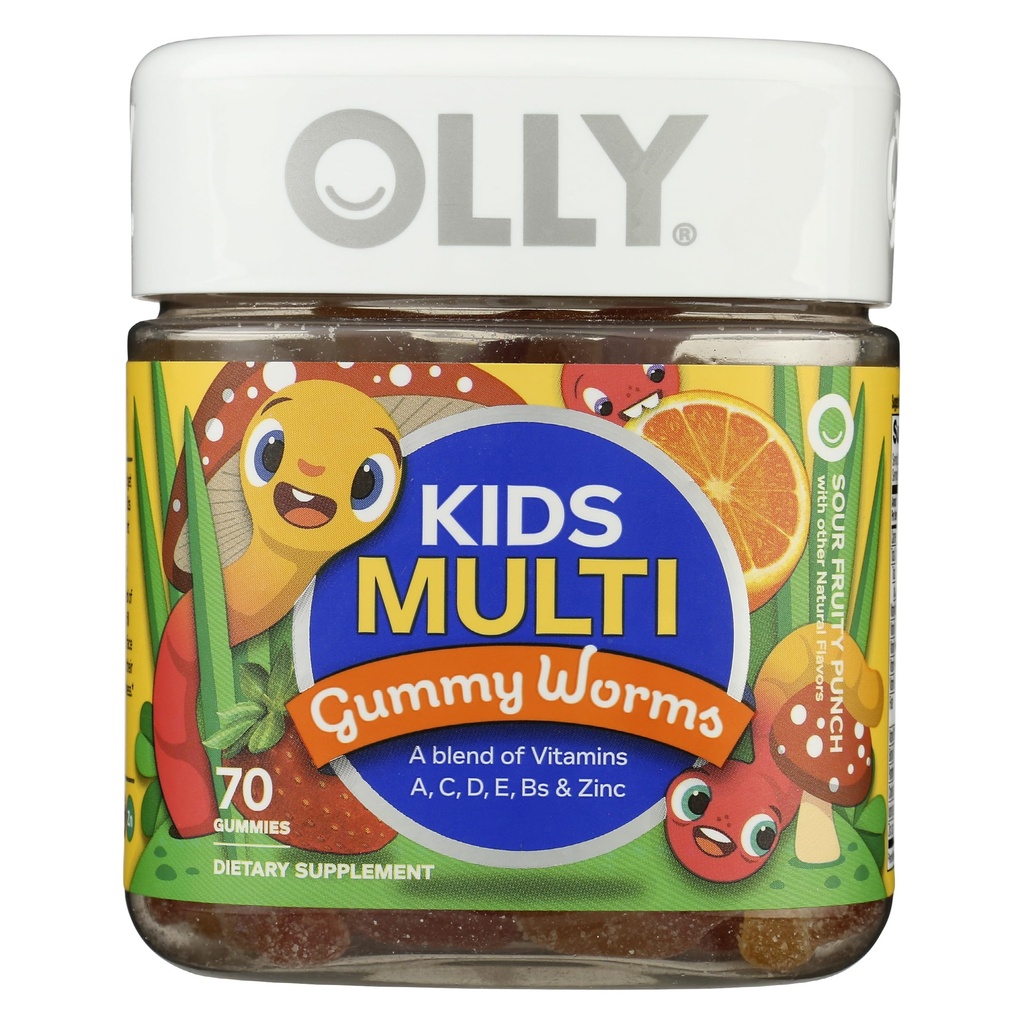 L'OLLY Enfants Multivitamine Gummy Worms, Santé globale et soutien immunitaire, Vitamines et Minéraux A, C, D, E, B et zinc, Supplément à croquer, Punch aux fruits acides, 45 jours d'approvisionnement - 70 Comte