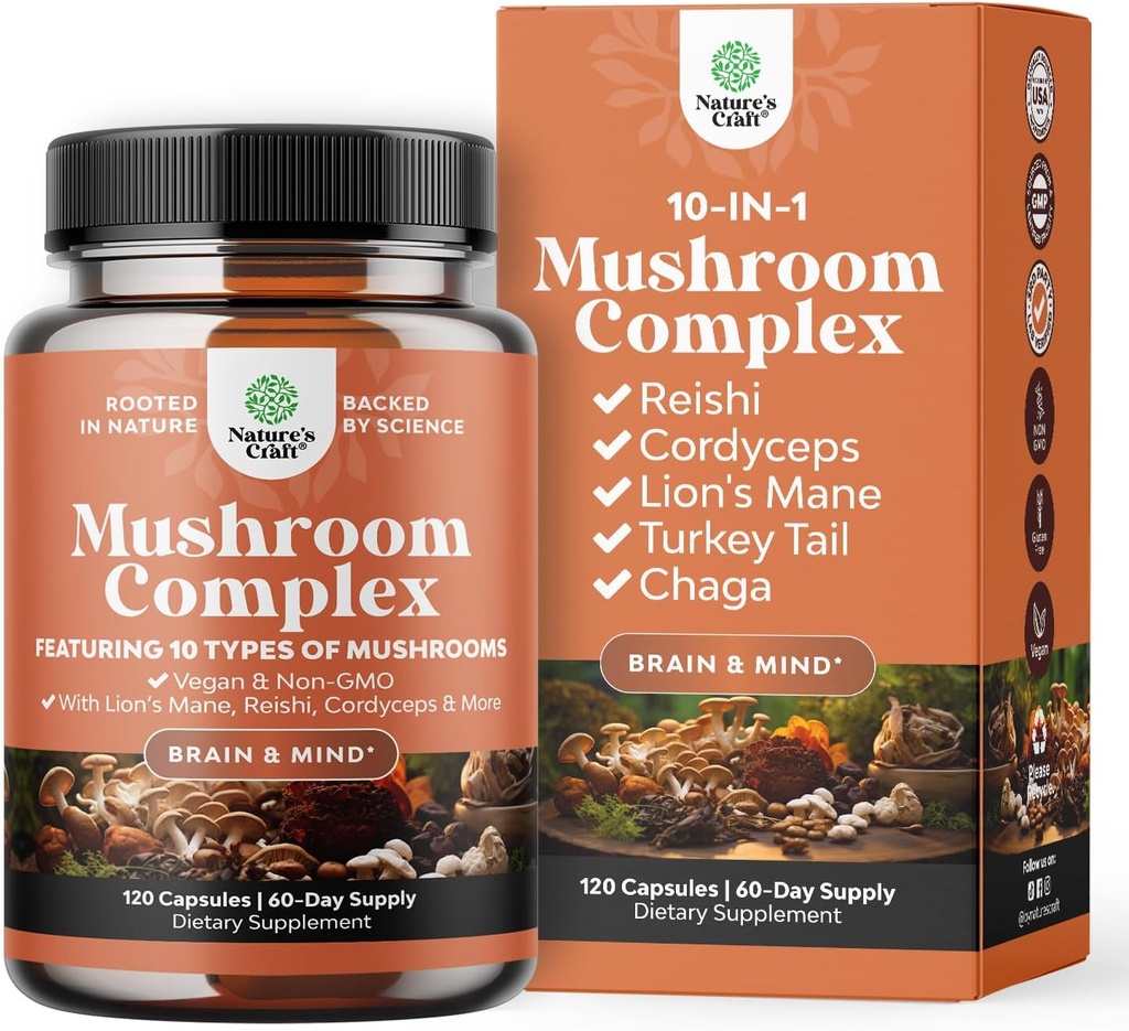 Capsules complexes avancées de champignons - 10X Lions Mane Complément Capsules avec Reishi, Chaga, Maitake & Shiitake pour la santé cérébrale Soutien et Focus - Nootropic pour la clarté mentale - 120 capsules