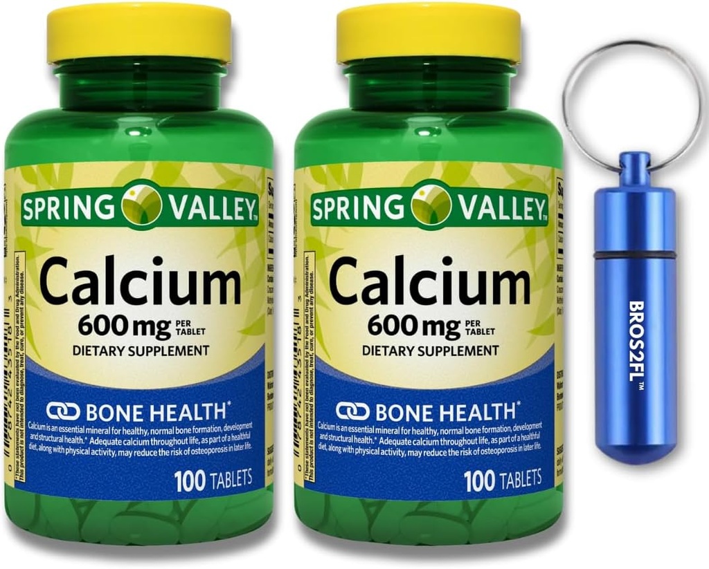Calcium Bone Health Dietary Supplement Tablets, 600 mg, 100 Count (2-Pack) Bundle with BROS2FL Keychain Waterproof Portable Metal Pill Box (2 Items)