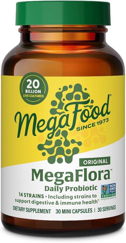 MegaFood MegaFlora Probiotique - Probiotiques pour les femmes santé digestive - Supplément de soutien immunitaire - 20 milliards CFU - 14 souches - Non-OGM - Végétarien - 30 Mini Capsules (30 portions)