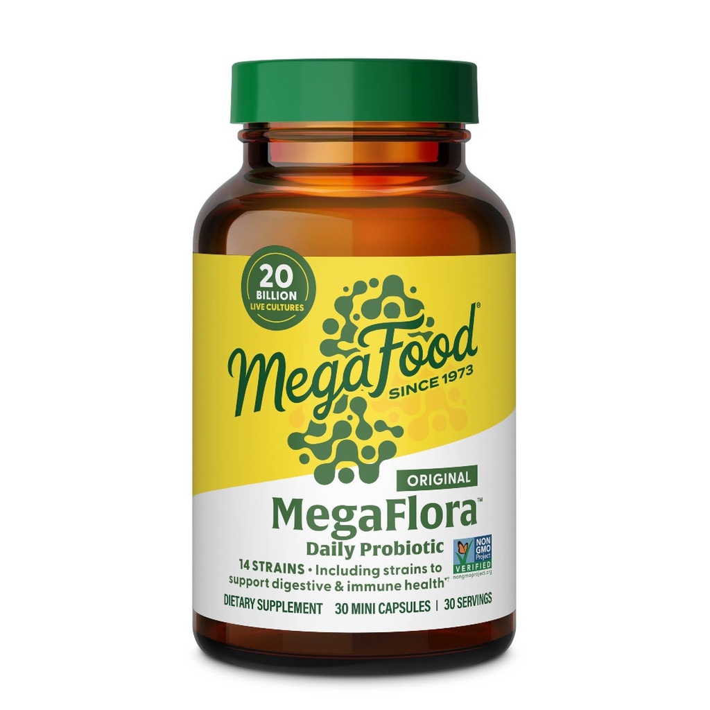 MegaFood MegaFlora Probiotique - Probiotiques pour les femmes santé digestive - Supplément de soutien immunitaire - 20 milliards CFU - 14 souches - Non-OGM - Végétarien - 30 Mini Capsules (30 portions)