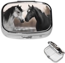 Pill Case with Mirror Retro 2 Compartment Pill Box Black and White Horses Small Pill Organizer for Purse or Pocket Decorative Metal Medicine Vitamin Organizer Unique Gifts