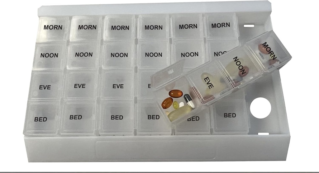 ProMed Unique XL Weekly 4 Times Daily 7 Day Pill Organizer for Medice, Vitamines & Suppléments, Pill case with Removable Clear compartiments C'est sans BPA avec du plastique de qualité alimentaire.