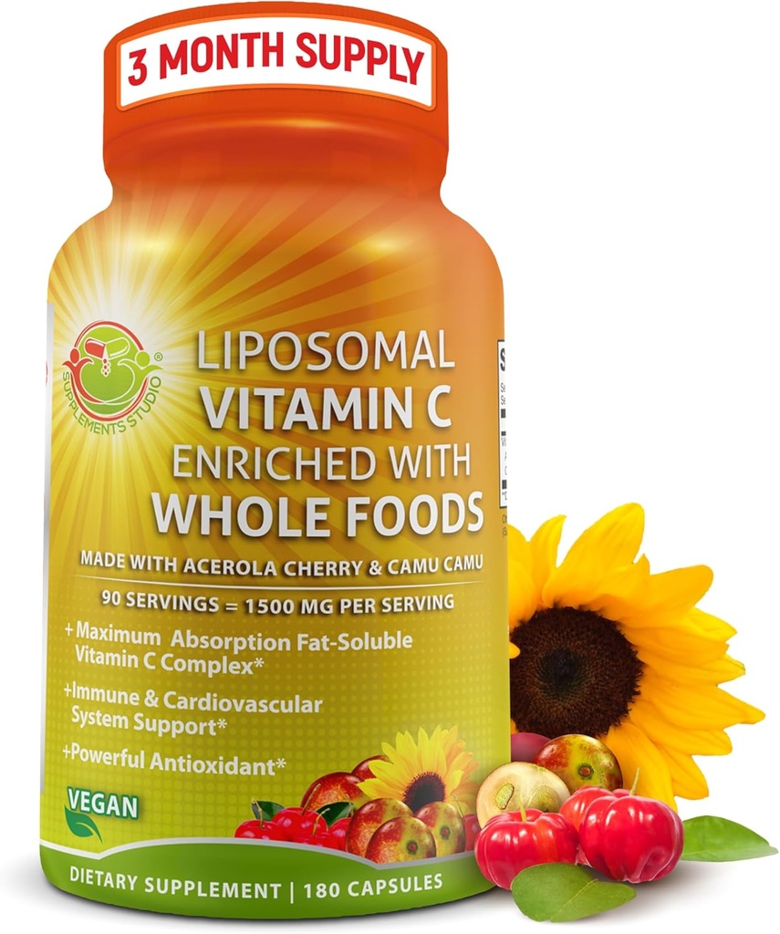 Capsules de vitamine C liposomique - 1500mg - Fabriqué avec cerises d'acérola biologique et Camu Camu, vitamine C à haute puissance Liposomique - Supplément de soutien immunitaire, absorption améliorée et biodisponibilité - 180 Compte