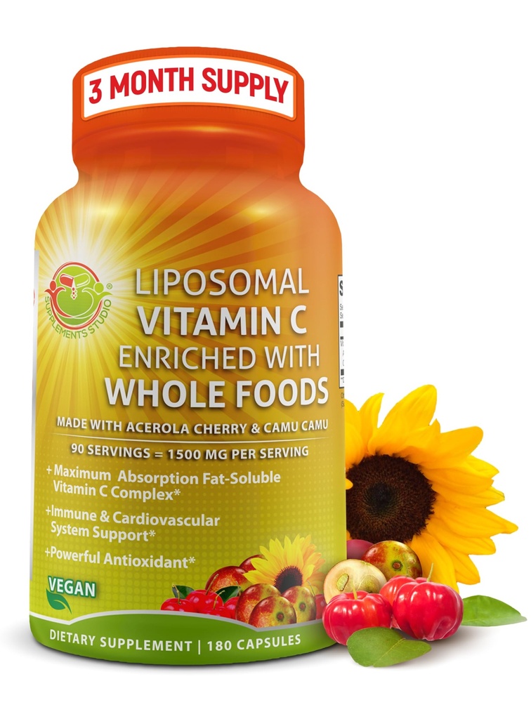 Capsules de vitamine C liposomique - 1500mg - Fabriqué avec cerises d'acérola biologique et Camu Camu, vitamine C à haute puissance Liposomique - Supplément de soutien immunitaire, absorption améliorée et biodisponibilité - 180 Compte