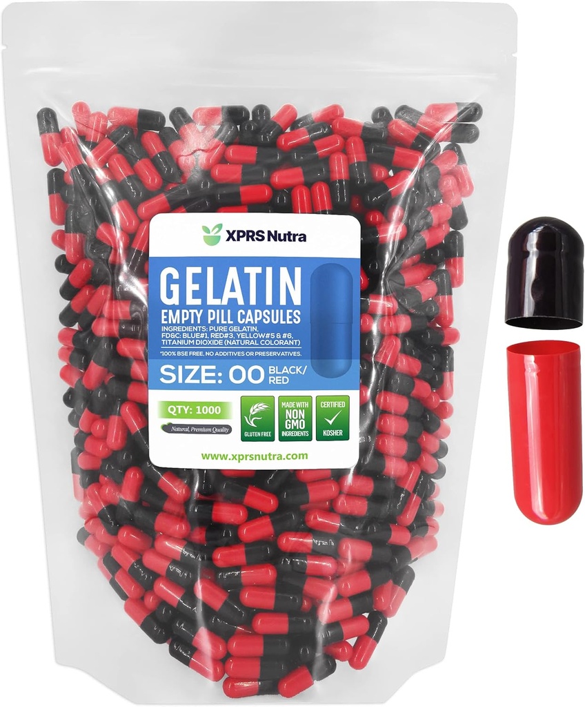 XPRS Nutra Size 00 Capsules vides - 1000 Capsules de gélatine vides - Pills Bricolage Capsule Remplissage - Capsules de gel de pilules rechargeables pour compléments Do-It-Youlf (Noir/Rouge)