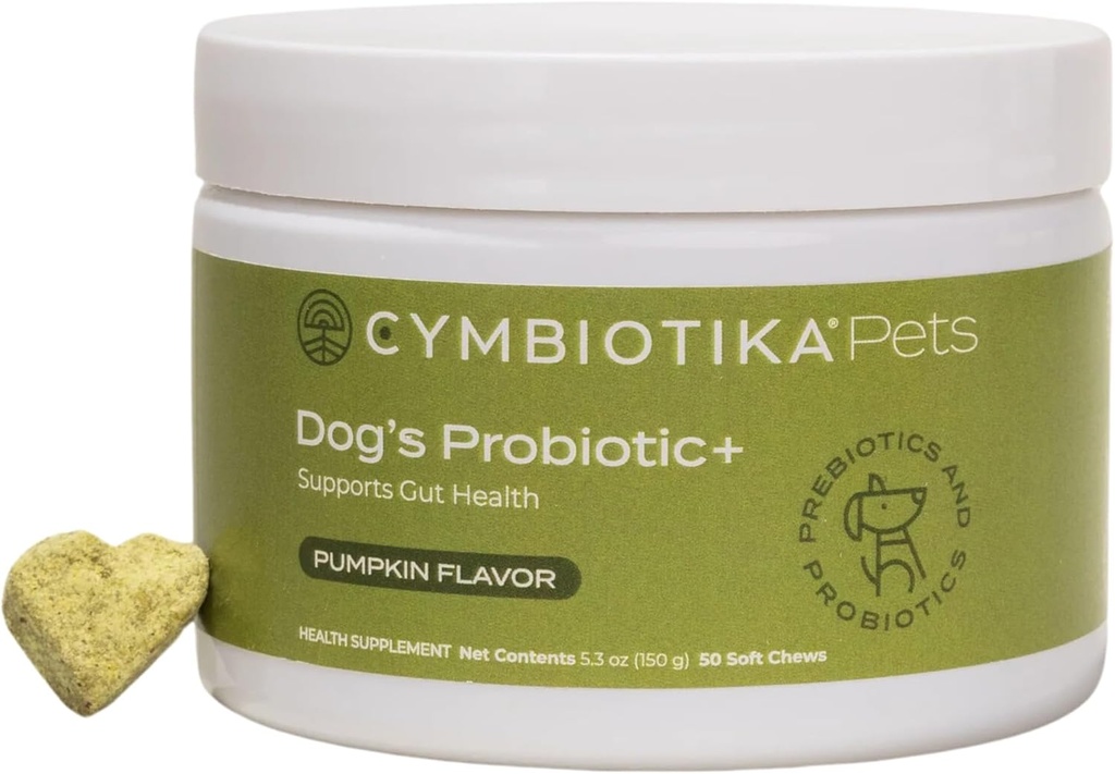 CYMBIOTIKA Dog Probiotic+, Probiotics for Dogs, Gut Health & Immune Support Supplement with Digestive Enzyme and Green Blend, Prebiotics, Postbiotics, Supplements for Dogs, Pumpkin Flavor, 50 Chews