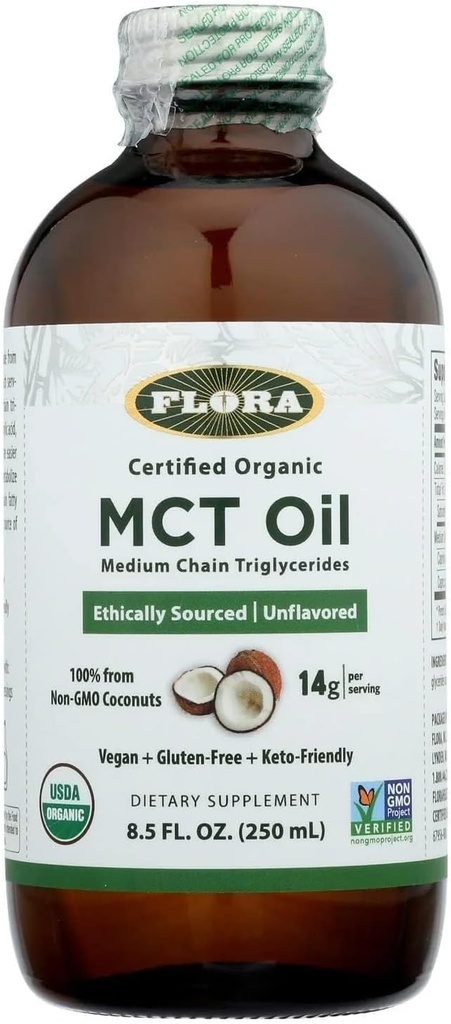 Flora - MCT Oil Certified Organic - Supporte l'énergie musculaire et la santé du cerveau - Contient C8 Caprylic Acid & C10 Capric Acid - Non-OGM, Sans gluten, Vegan & Keto-friendly - 8,5 fl. oz. Bouteille en verre