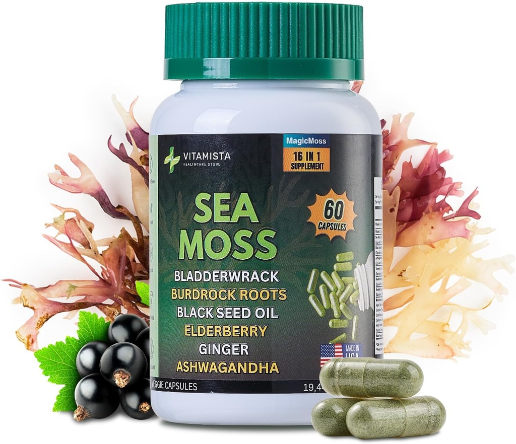 Capsules de mousse de mer – supplément de mousse de mer 16-en-1 avec Bladderwrack, root de Burdock, huile de graine noire, Ashwagandha – Immune Support & Energy Booster – 60 Capsules Vegan (19445mg)